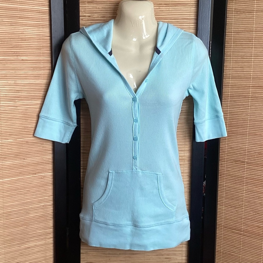 Vintage Y2K Hooded Henley Top Shirt Sz S EUC cotton hoodie short sleeve